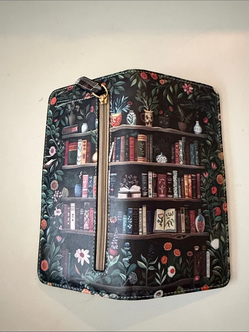 Floral Bookshelf Zip Wallet - Black Multi NWOT